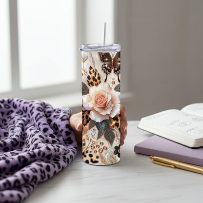 Gold Leopard Rose Glam 20 oz Stainless Steel Tumbler showing gold leopard rose glam tumbler artwork with insulated stainless steel tumbler, reusable travel cup, made to order