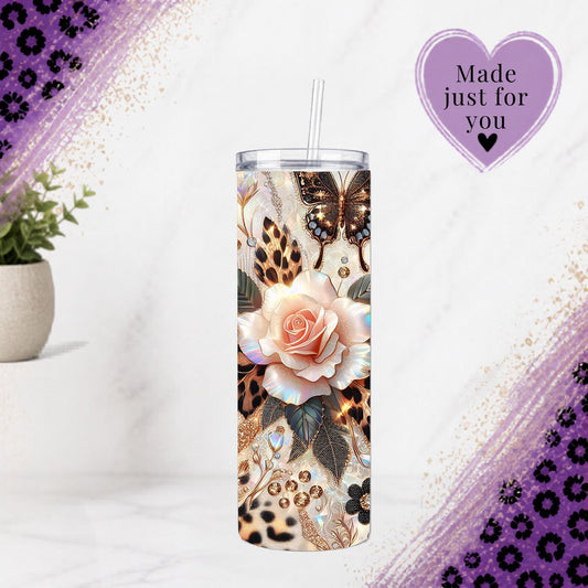 Gold Leopard Rose Glam Tumbler 20oz 30oz Skinny Cup Faux Diamond Jewel Effect Elegant Animal Print Gift For Her with floral design