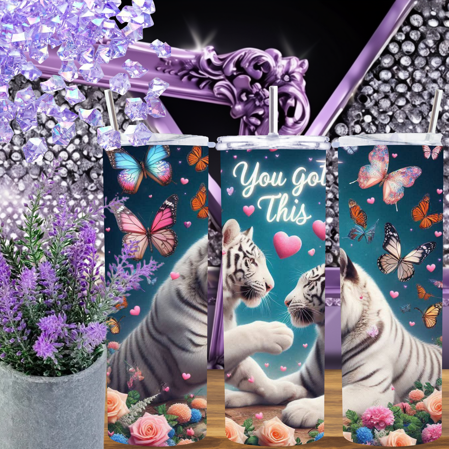 White Tiger Love Tumbler – Insulated 20oz Skinny Cup with Butterflies & Flowers for Daily Motivation