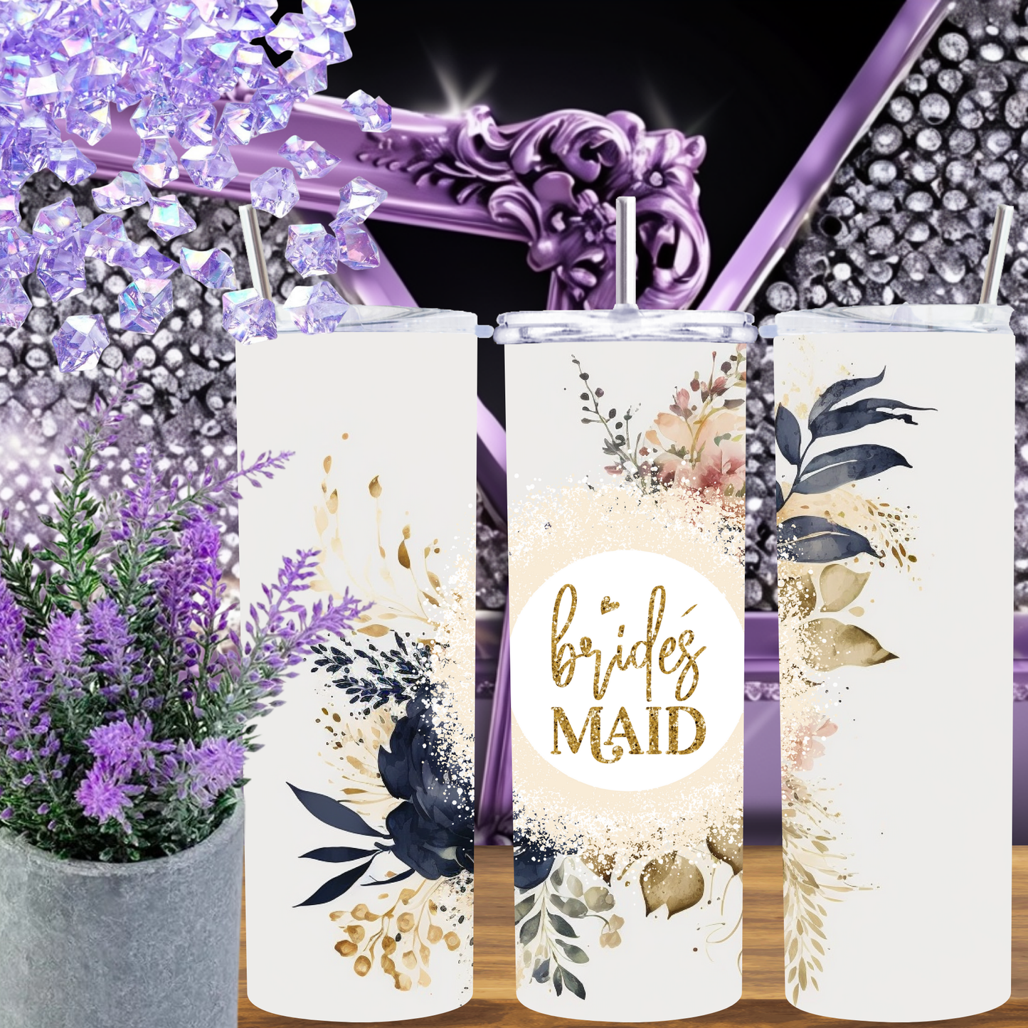 Bridesmaid Tumbler 20 oz – Elegant Floral Wedding Skinny Cup, Neutral Boho Bridesmaid Gift, Personalized Bridal Party Tumbler