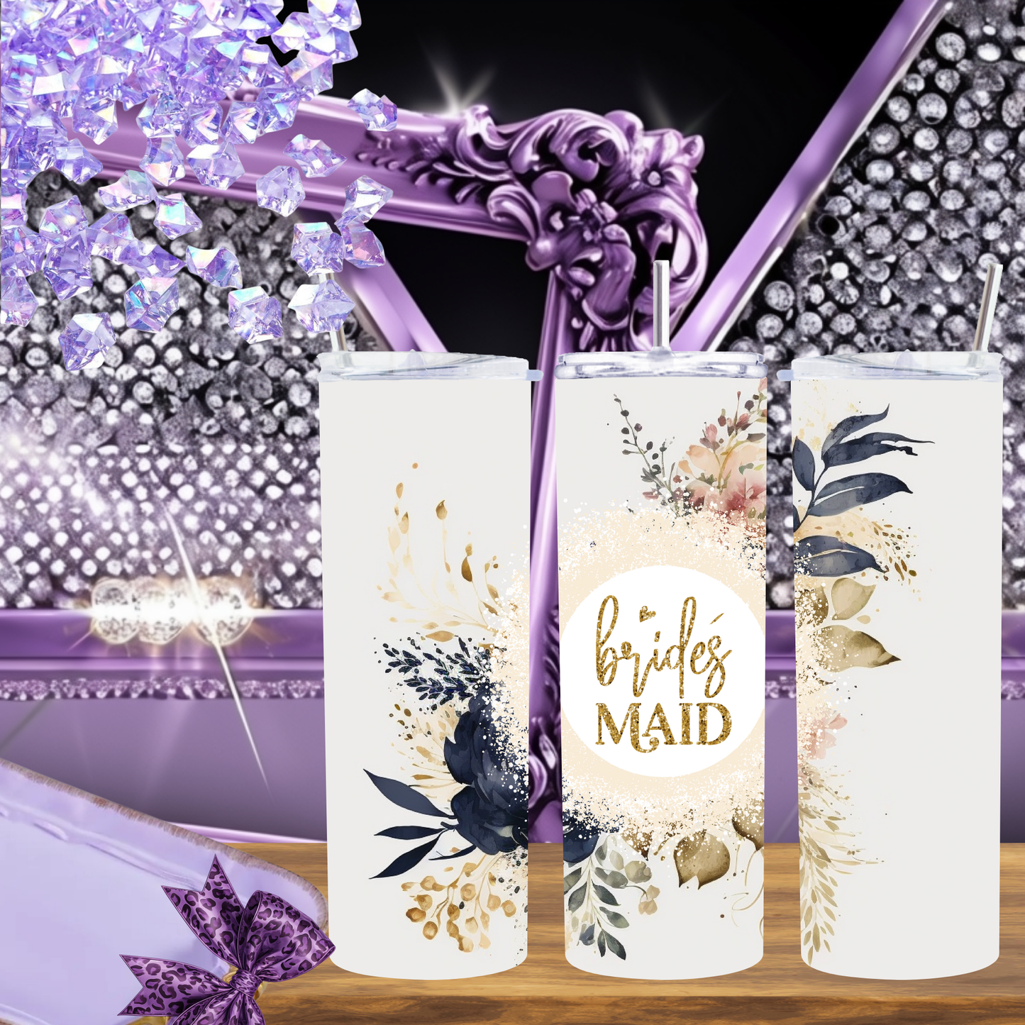 Bridesmaid Tumbler 20 oz – Elegant Floral Wedding Skinny Cup, Neutral Boho Bridesmaid Gift, Personalized Bridal Party Tumbler