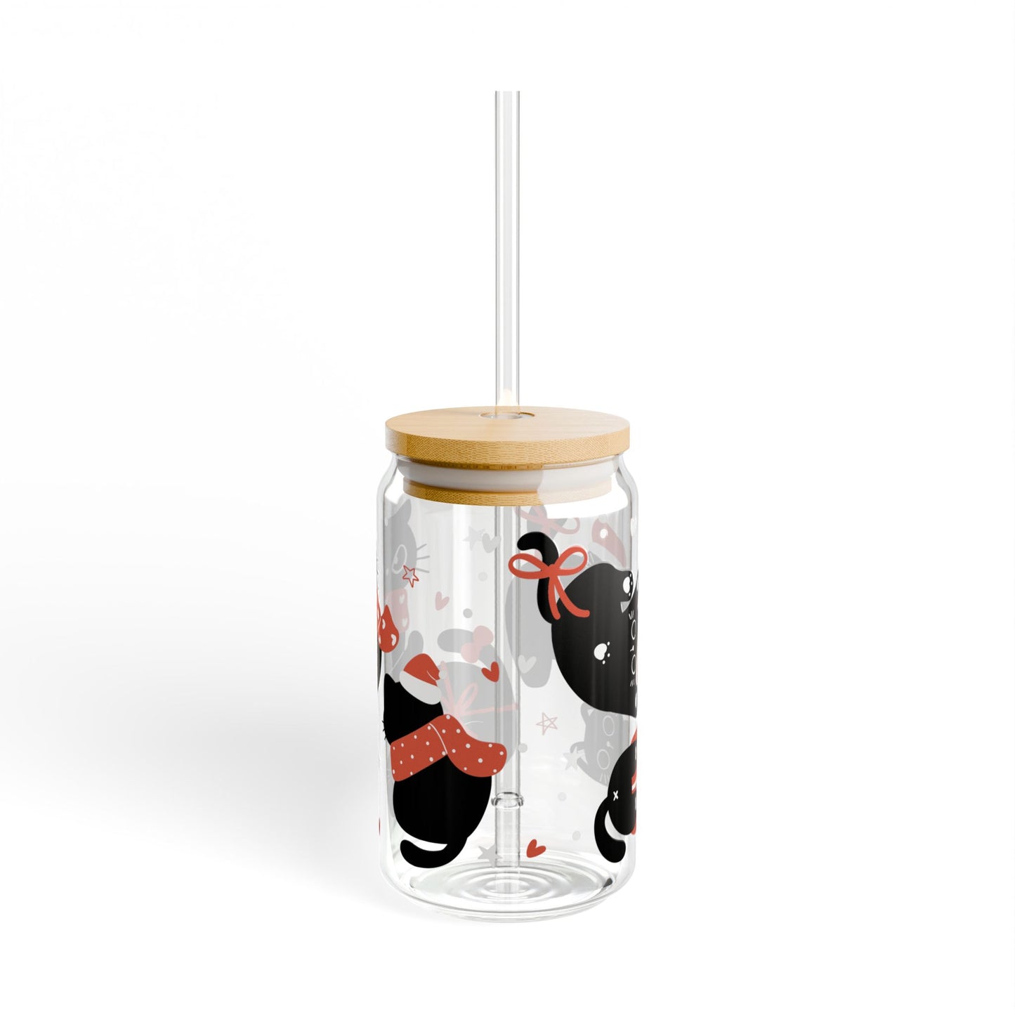 Christmas Cat Libbey Glass Can Cup 16oz – Cute Holiday Black Cat Tumbler with Lid & Straw, Kawaii Christmas Gift for Cat Lovers