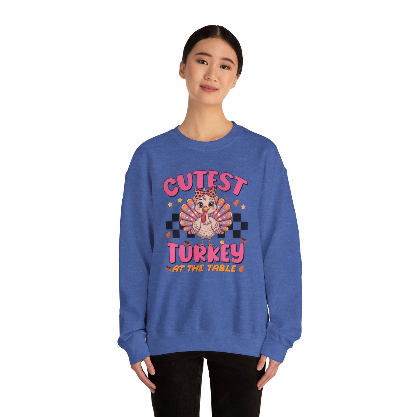 Chic Retro Turkey Thanksgiving Sweatshirt: Cutest At The Table – Cozy Crewneck in Purple, Pink, & More Colors for Holiday Family Gatherings