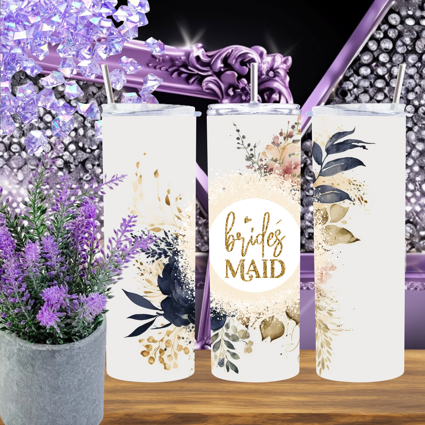 Bridesmaid Tumbler 20 oz – Elegant Floral Wedding Skinny Cup, Neutral Boho Bridesmaid Gift, Personalized Bridal Party Tumbler