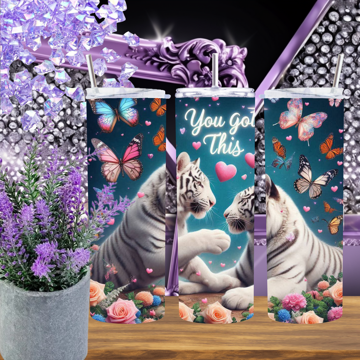 White Tiger Love Tumbler – Insulated 20oz Skinny Cup with Butterflies & Flowers for Daily Motivation