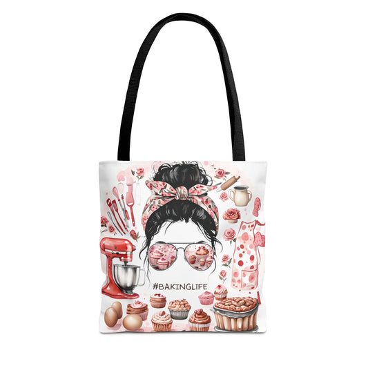 BAKINGLIFE Messy Bun Tote Bag with baking-themed design for bakers, durable fabric, perfect gift for baking enthusiasts.