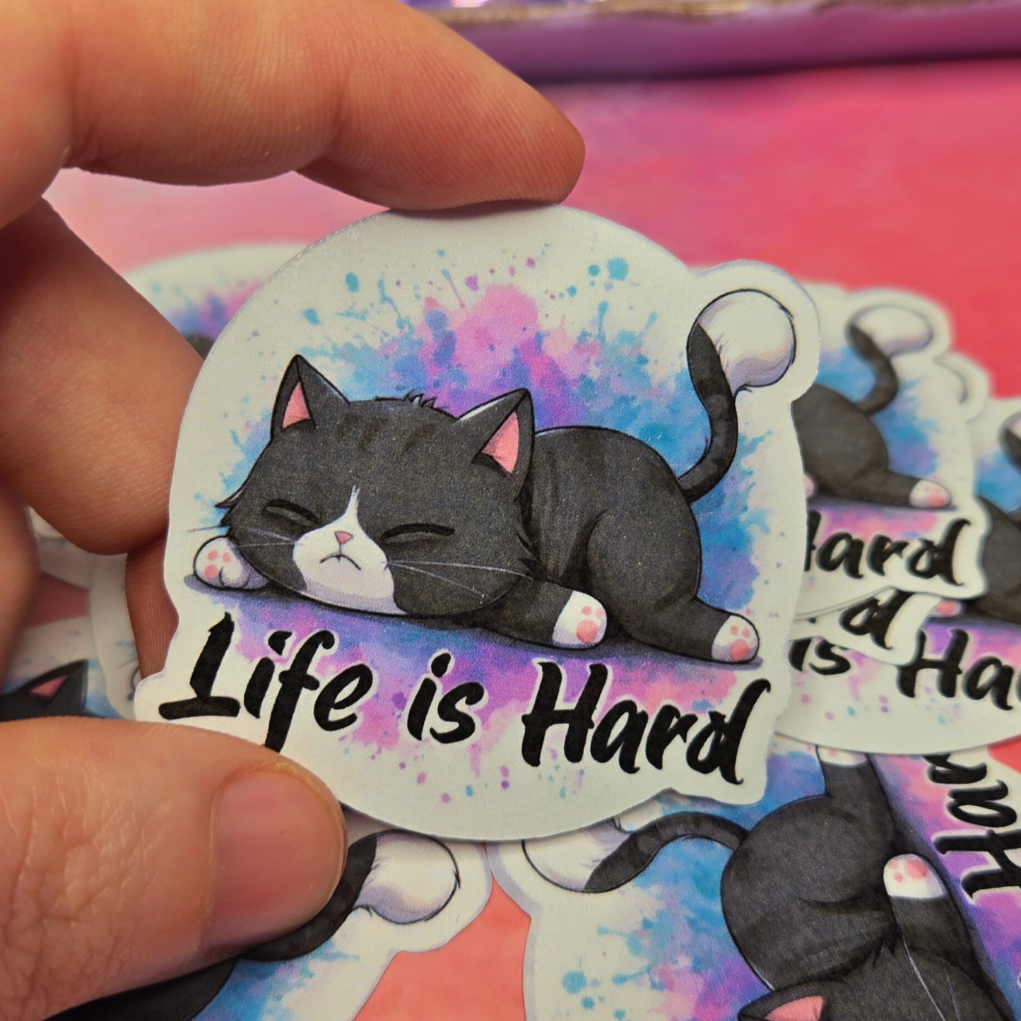 Sleepy Cat "Life is Hard" Sticker - Relatable Kitten Decal - Tired Kitty Meme - Laptop, Planner, Journal