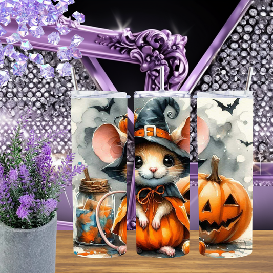 Adorable Halloween Mouse Tumbler – Insulated 20oz Skinny Cup with Pumpkin & Bat Motifs