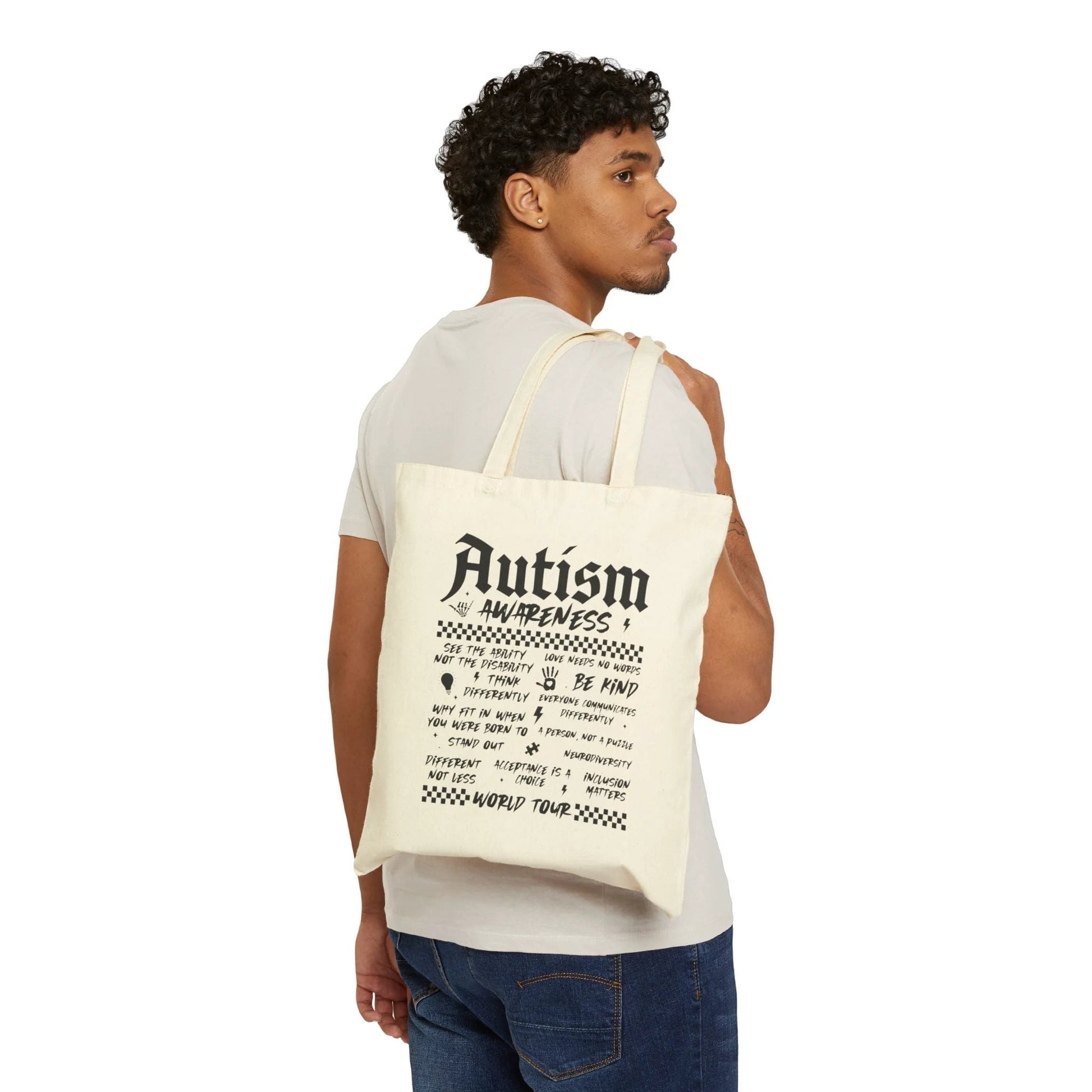 Autism World Tour Tote, Edgy Neurodiversity Bag, Different Not Less Graphic Tote, Trendy Rock Style Autism Bag, Acceptance is a Choice Bag by Printify