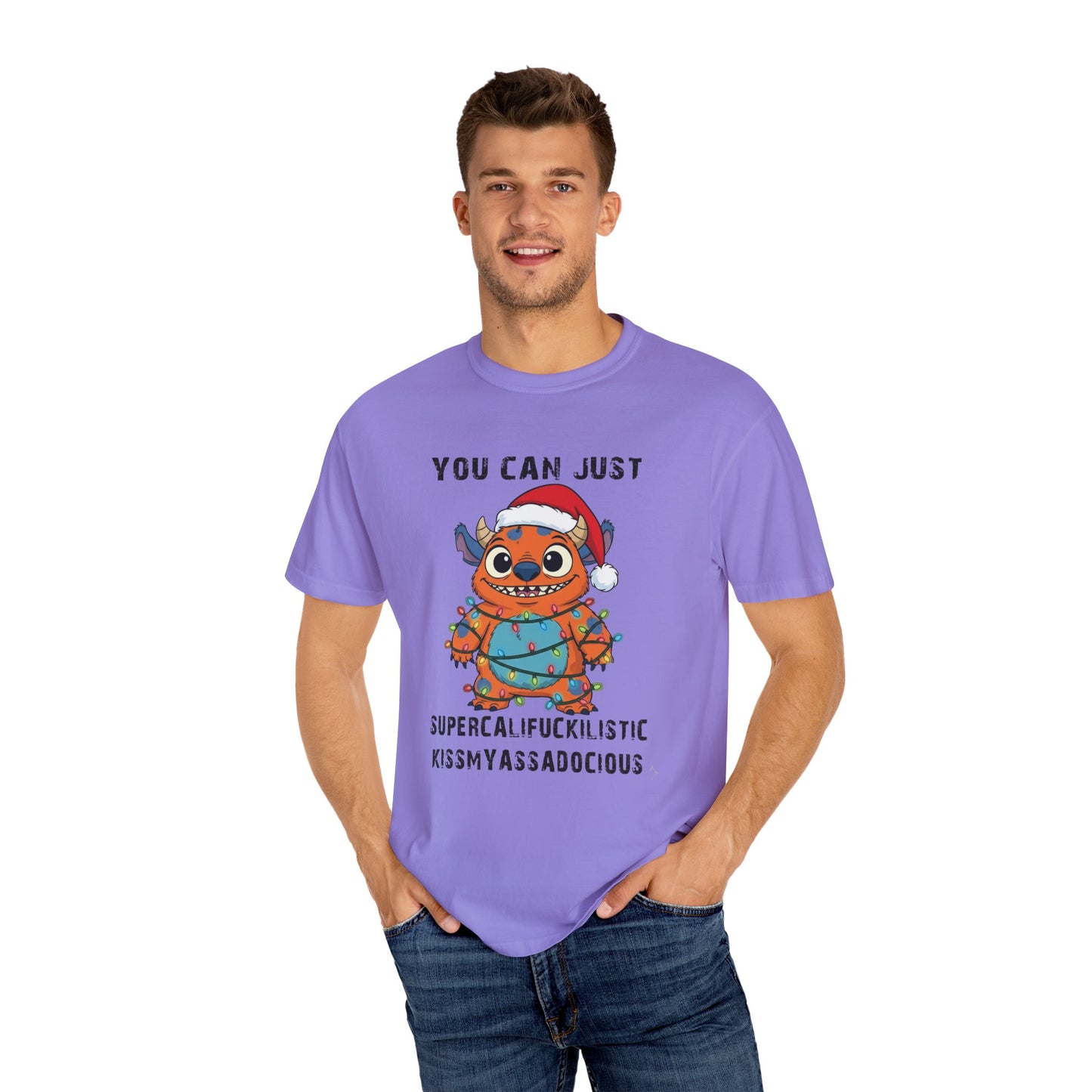 Funny Christmas Monster T-Shirt: Holiday Lights Alien Creature with Santa Hat | Adult & Kid Festive Gag Gift Tee