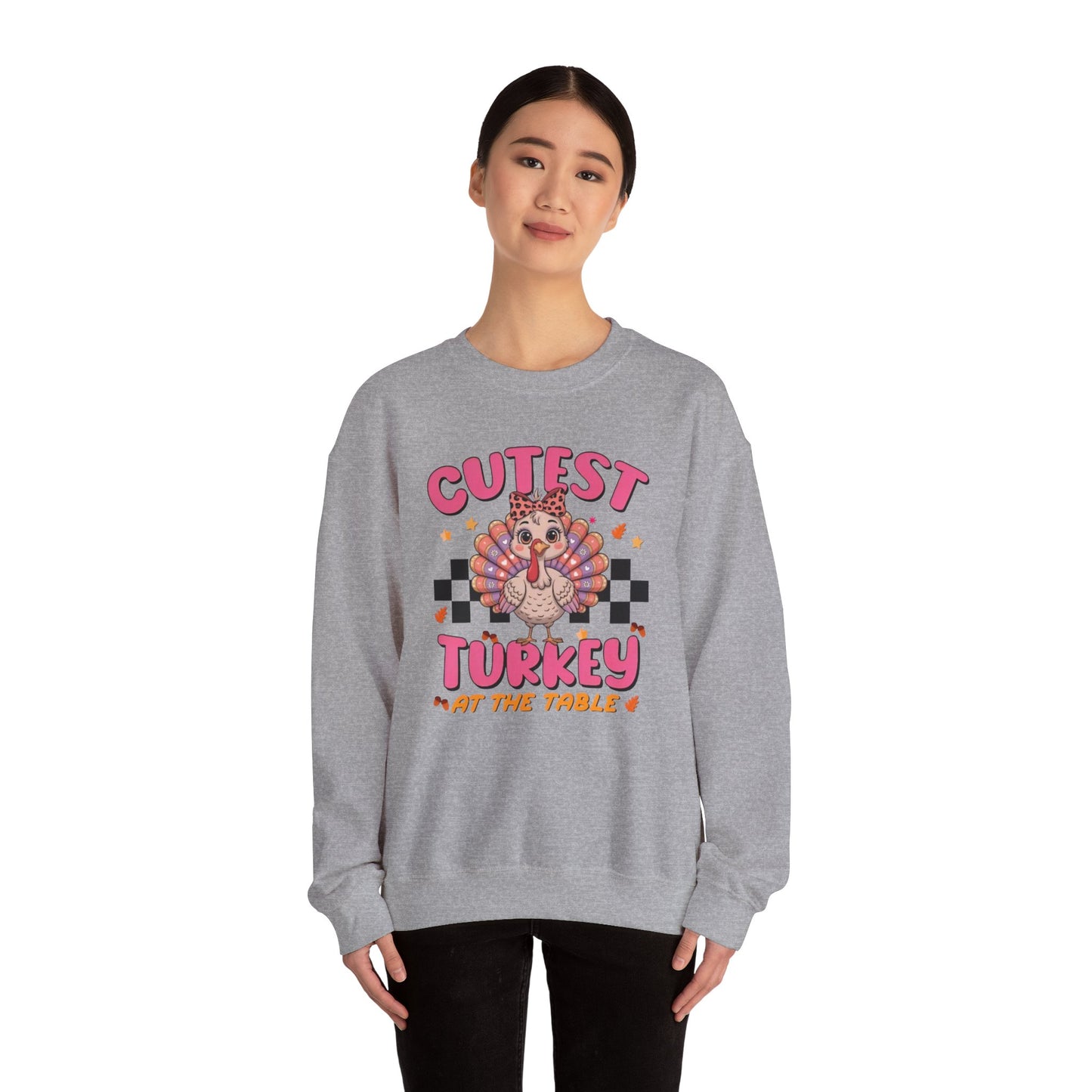 Chic Retro Turkey Thanksgiving Sweatshirt: Cutest At The Table – Cozy Crewneck in Purple, Pink, & More Colors for Holiday Family Gatherings