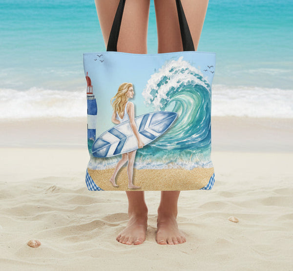 Beach Surf Gift-Ready 15x16 Cotton Canvas Tote Bag showing a coastal scene with a surfer, curling wave, and lighthouse
