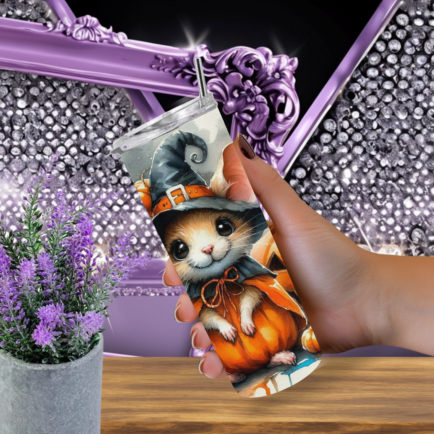 Adorable Halloween Mouse Tumbler – Insulated 20oz Skinny Cup with Pumpkin & Bat Motifs