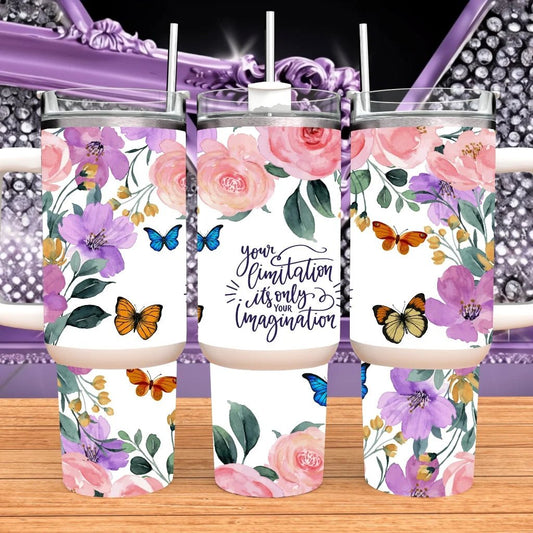 Inspirational Quote 40oz Tumbler With Handle Pink Floral Butterfly Stainless Steel Travel Mug Gift Her Insulated Bottle by Marie Gems