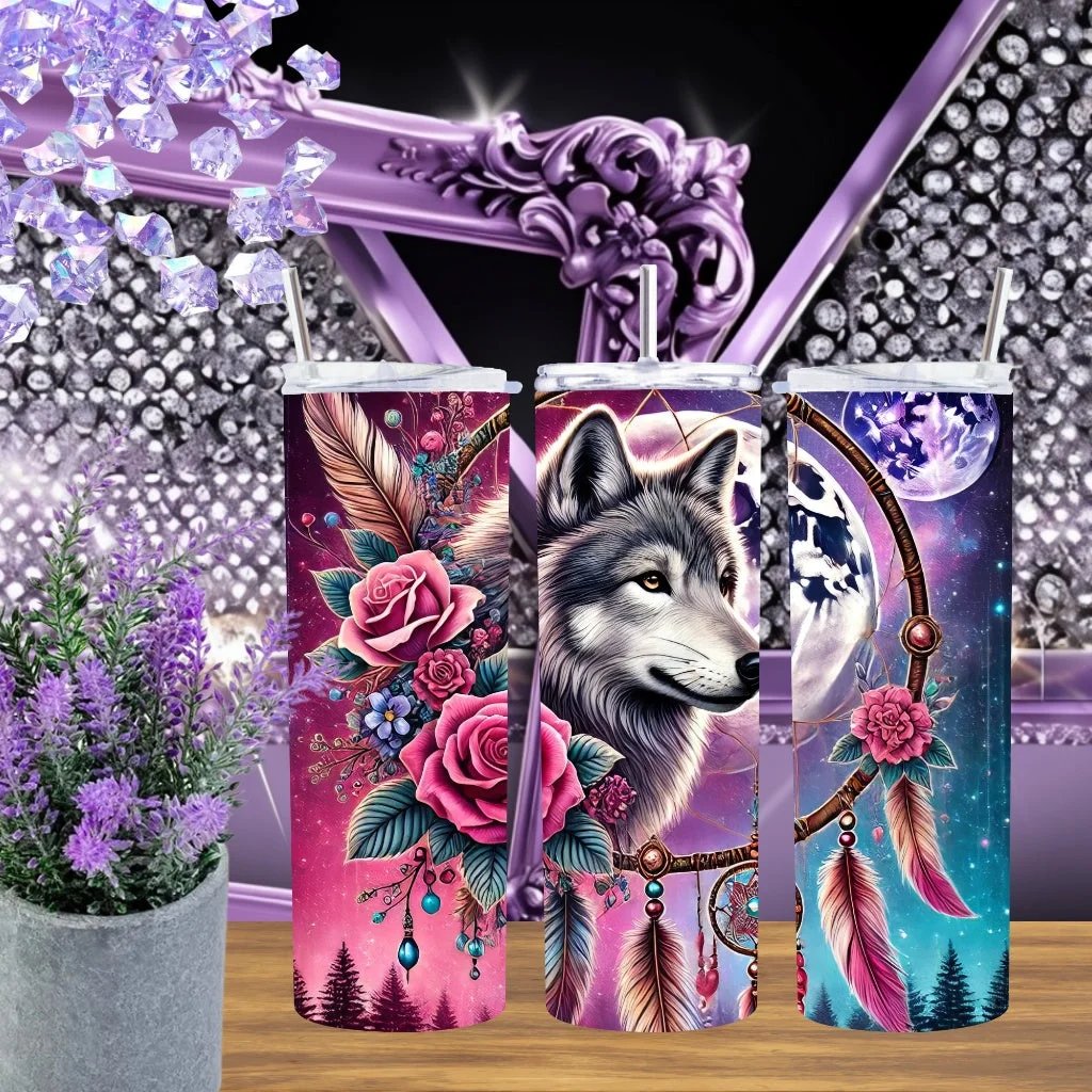 Wolf Dreamcatcher 20oz Tumbler Celestial Galaxy Stainless Steel Cup Handmade Pink Rose Wolf Gift For Her by Marie Gems