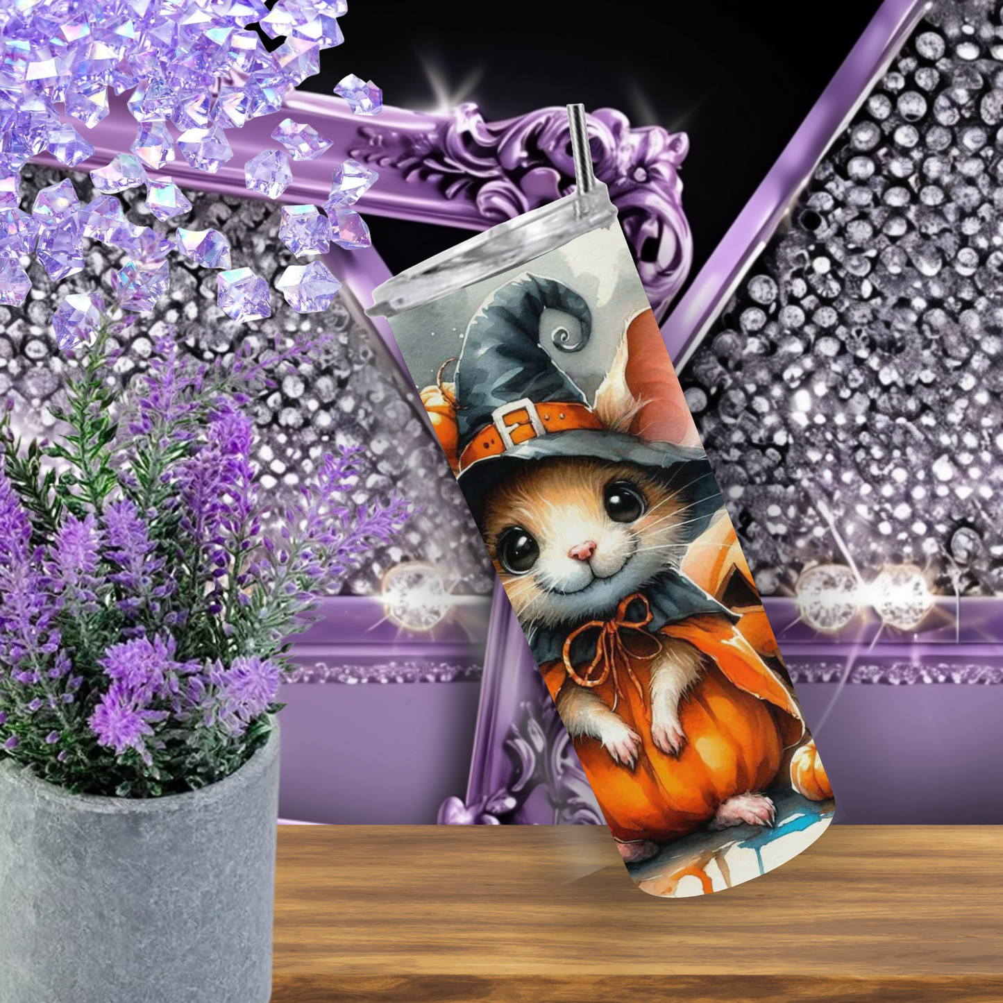 Adorable Halloween Mouse Tumbler – Insulated 20oz Skinny Cup with Pumpkin & Bat Motifs