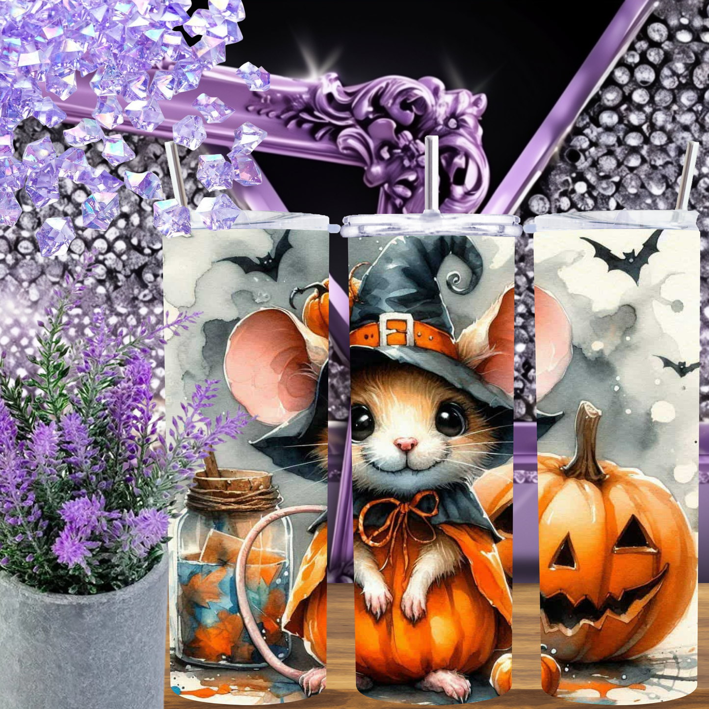 Adorable Halloween Mouse Tumbler – Insulated 20oz Skinny Cup with Pumpkin & Bat Motifs