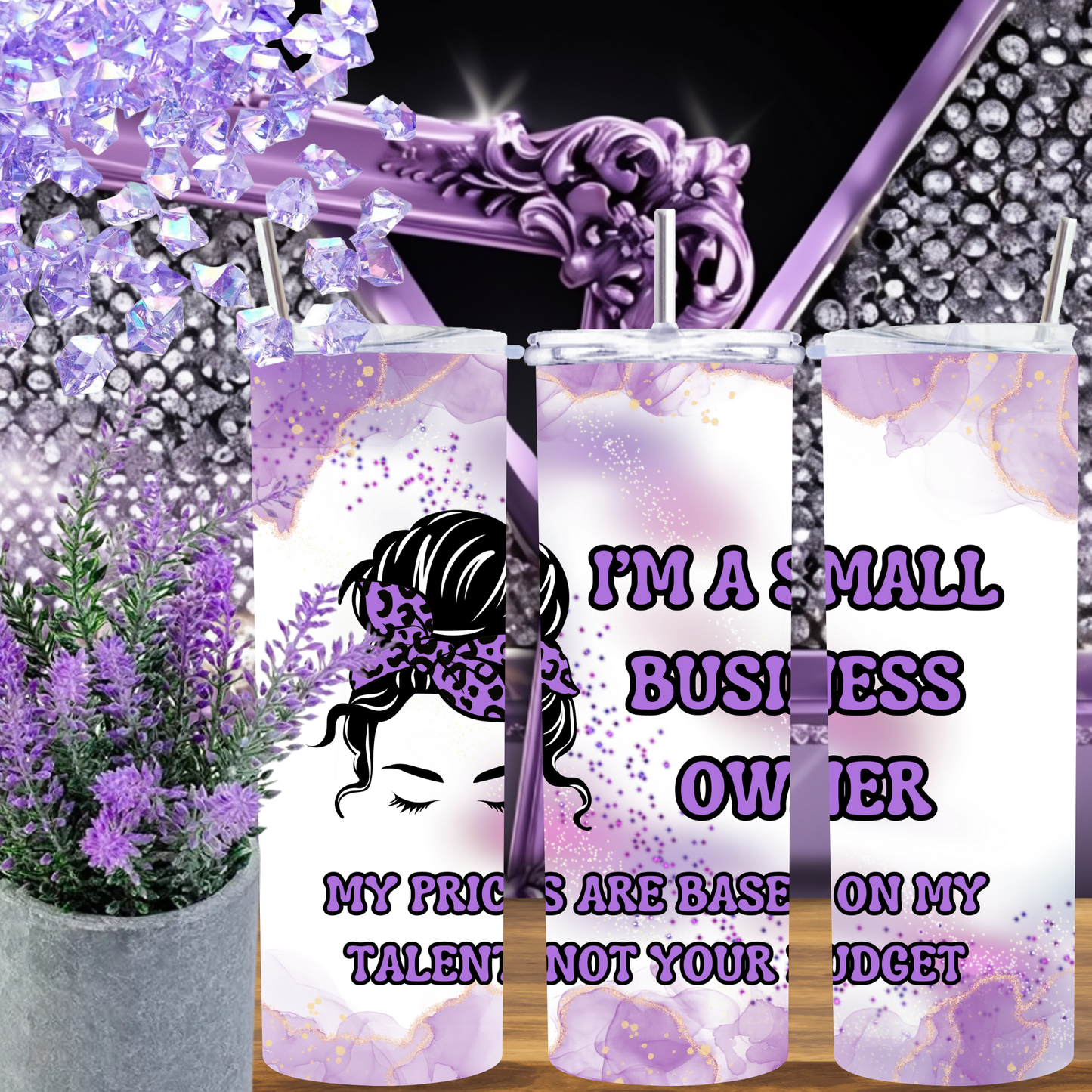 Small Business Owner Tumbler 20 oz – Purple Marble Skinny Cup with Quote, Boss Babe Coffee Tumbler, Handmade Shop Gift Idea