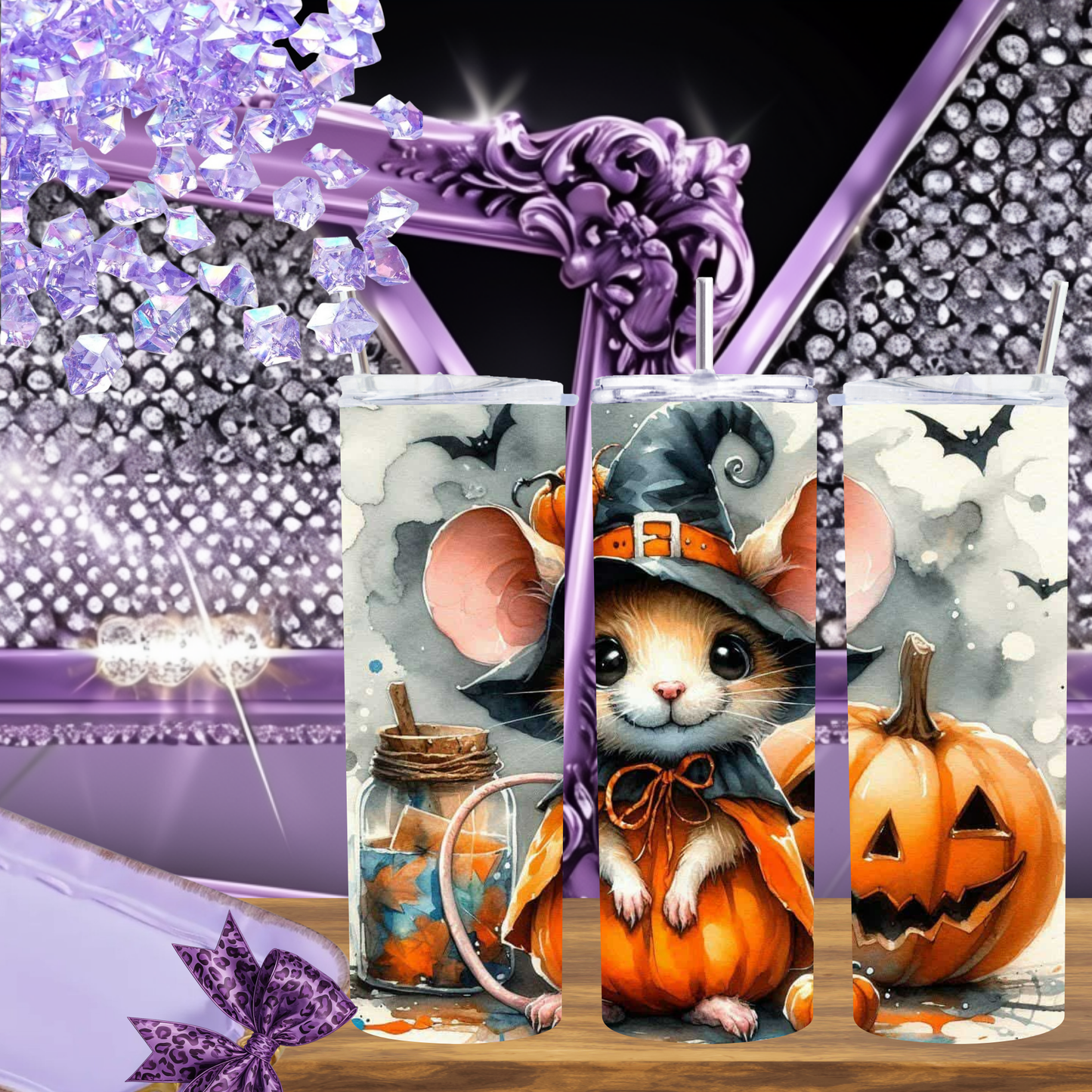Adorable Halloween Mouse Tumbler – Insulated 20oz Skinny Cup with Pumpkin & Bat Motifs