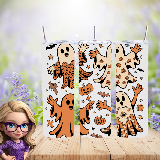 Retro Halloween Ghosts 20oz Skinny Tumbler, Spooky Season Drinkware, Cute Pumpkin Ghost Physical Tumbler, Made to Order Gift