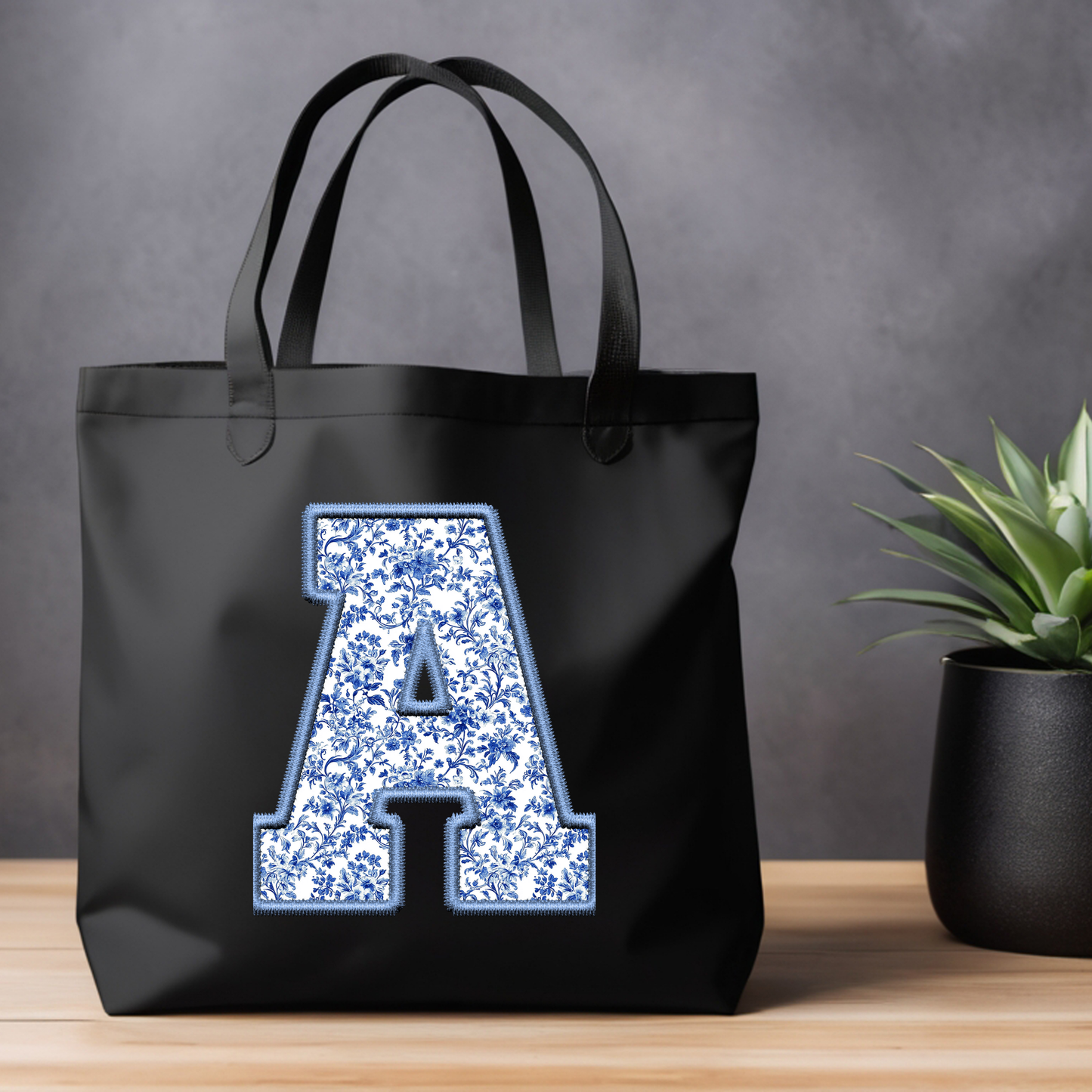 Personalized Chinoiserie Letter Tote Bag - Elegant Initial Design on Black Canvas (15x16)