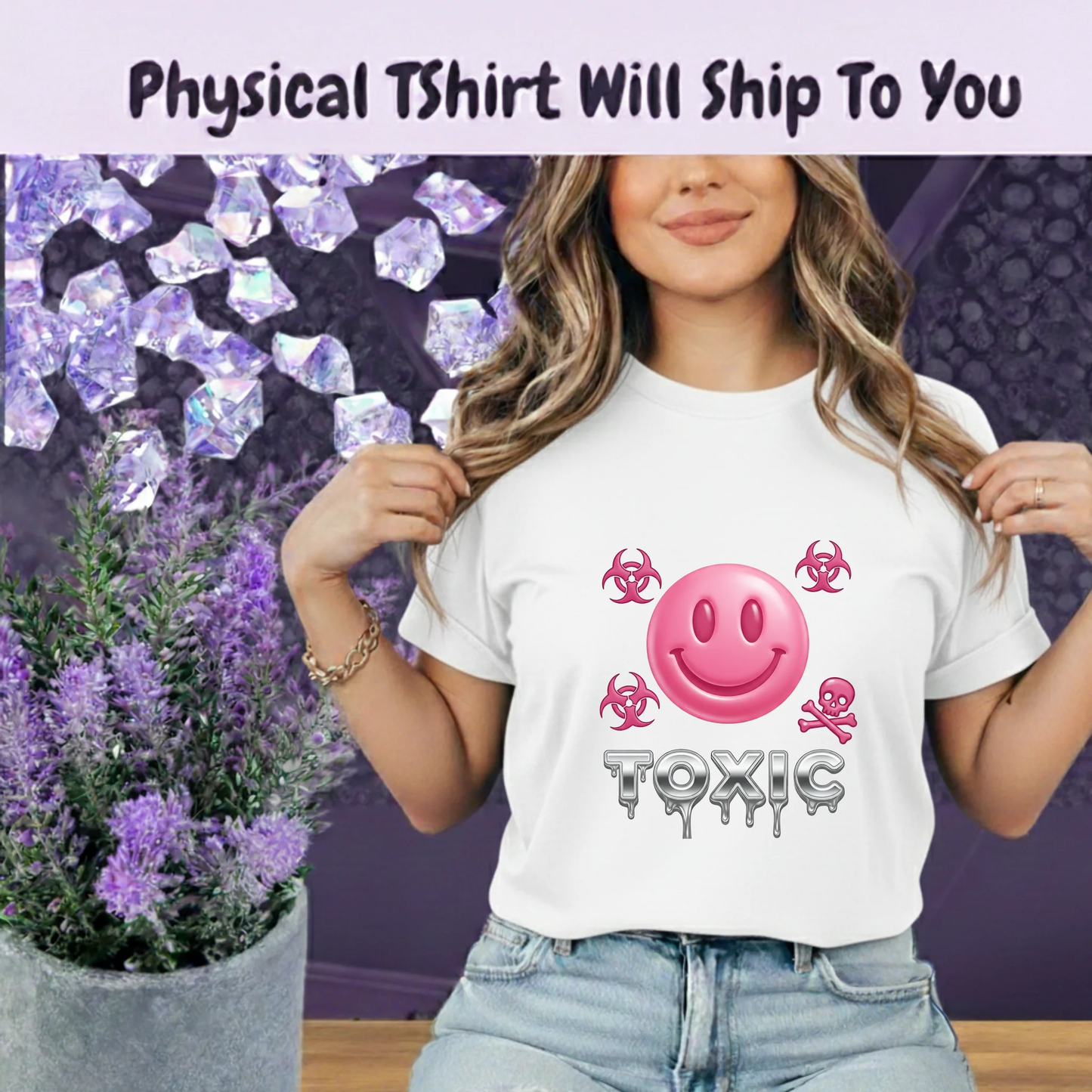 Toxic Smiley Face T Shirt Pink Y2K Cyberpunk Streetwear Tee Unisex Statement Fashion Top by Marie Gems