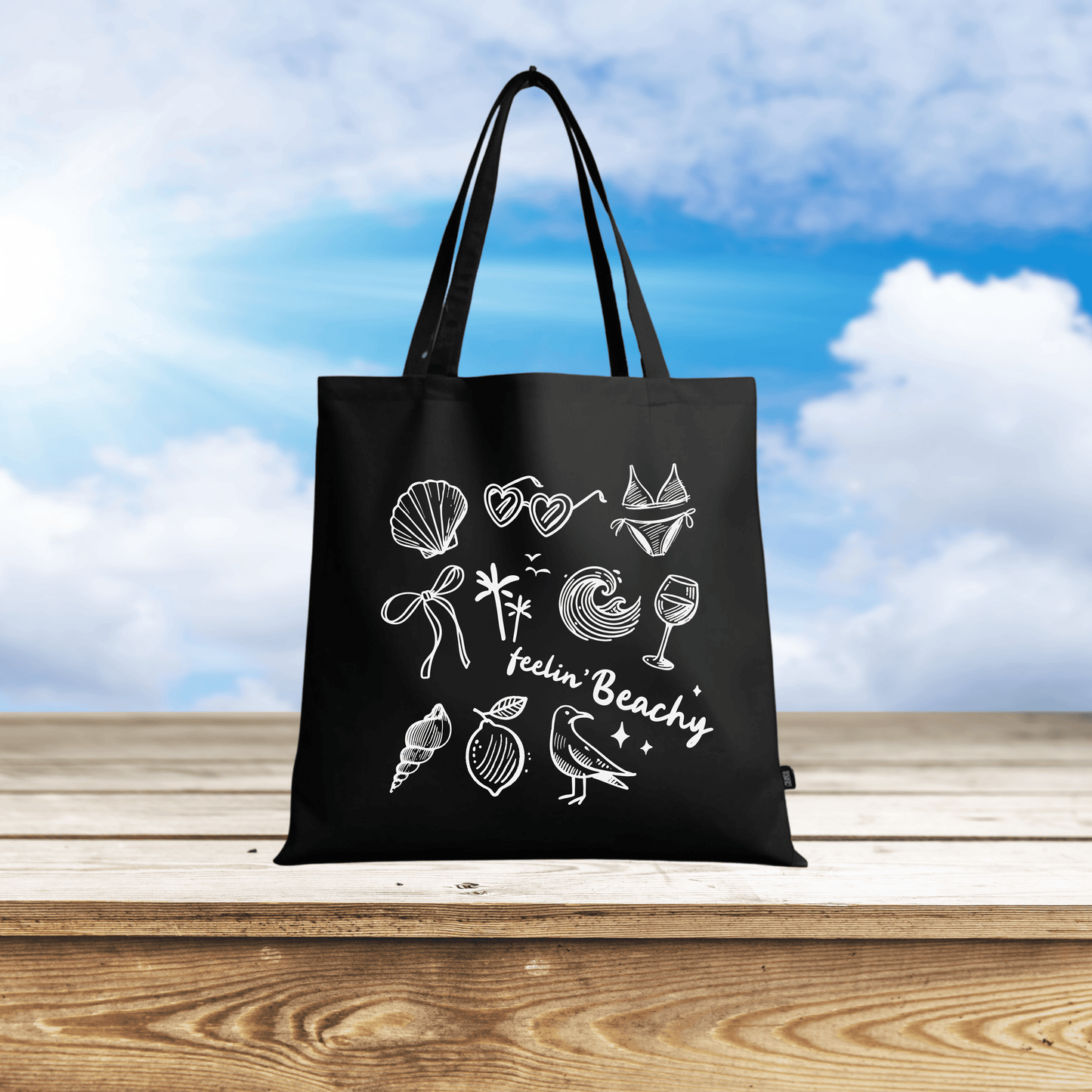 Black Canvas Tote Bag with "Feelin' Beachy" Design - Large 15x16 inch Reusable Shopping Bag