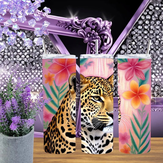 Pastel Tropical Leopard 20oz Tumbler Pink Hibiscus Stainless Steel Cup Handmade Summer Floral Drinkware Gift for Her by Marie Gems