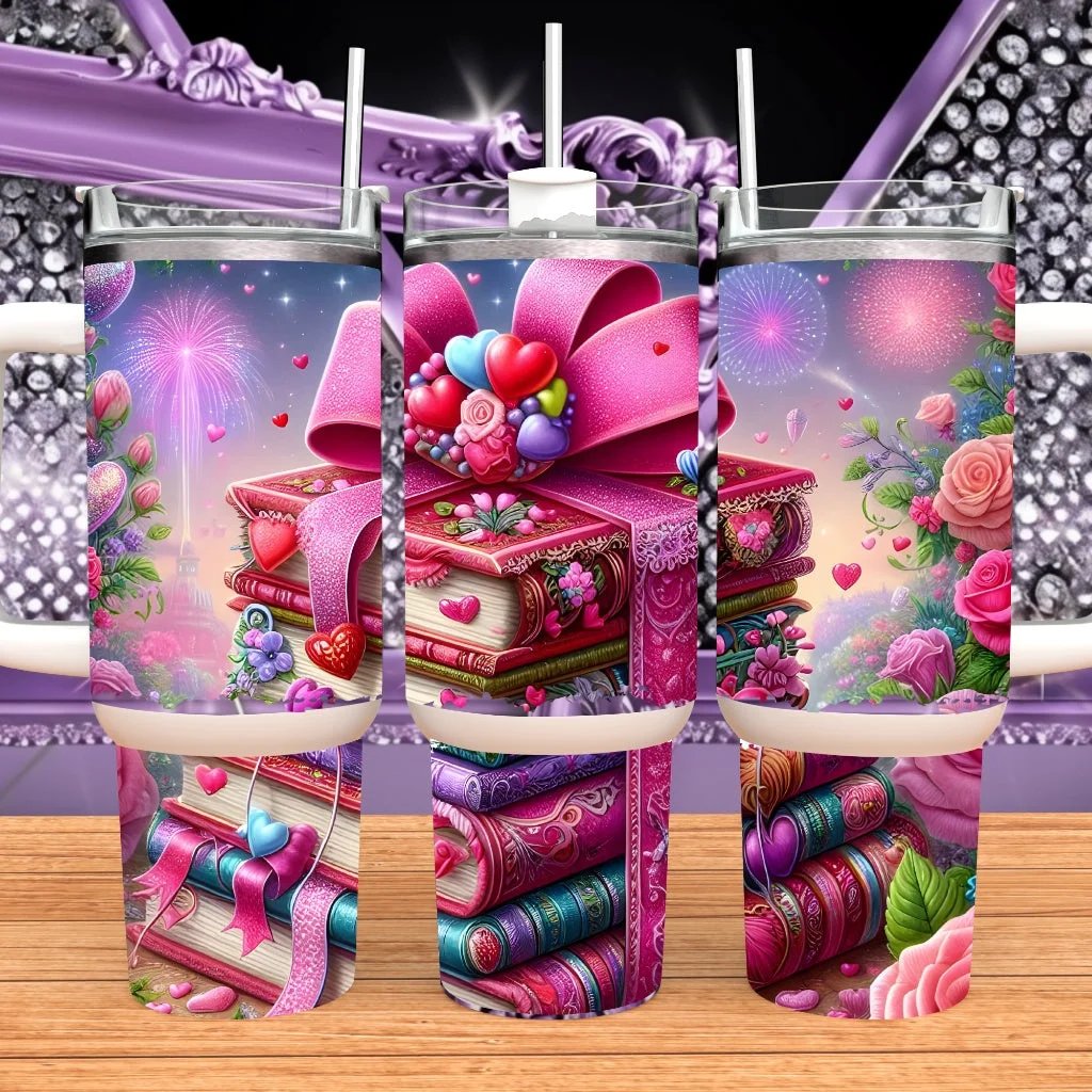 Book Lover 40oz Tumbler With Handle Pink Valentine Stainless Steel Travel Mug Insulated Bottle by Marie Gems