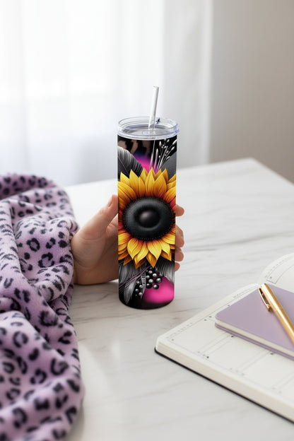 Sunflower Gift-Ready 20 oz Stainless Steel Tumbler showing sunflower tumbler 20oz artwork with insulated stainless steel tumbler, reusable travel cup, made to order