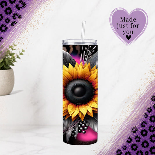 Neon Sunflower 20oz Tumbler Cheetah Print Stainless Steel Cup Handcrafted Pink And Gold Floral Drinkware Gift For Her with vibrant sunflower design.