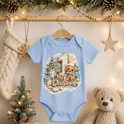 My First Christmas Baby Boy Bodysuit Infant Bodysuit Outfit showing my first christmas baby boy bodysuit artwork with rabbit skins 4400 infant bodysuit, first christmas gift for
