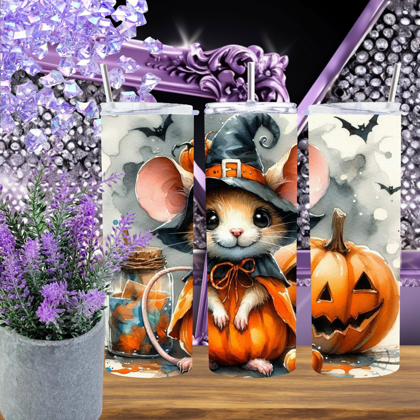 Adorable Halloween Mouse Tumbler – Insulated 20oz Skinny Cup with Pumpkin & Bat Motifs
