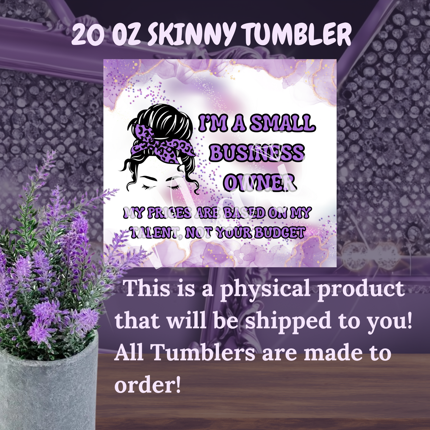 Small Business Owner Tumbler 20 oz – Purple Marble Skinny Cup with Quote, Boss Babe Coffee Tumbler, Handmade Shop Gift Idea