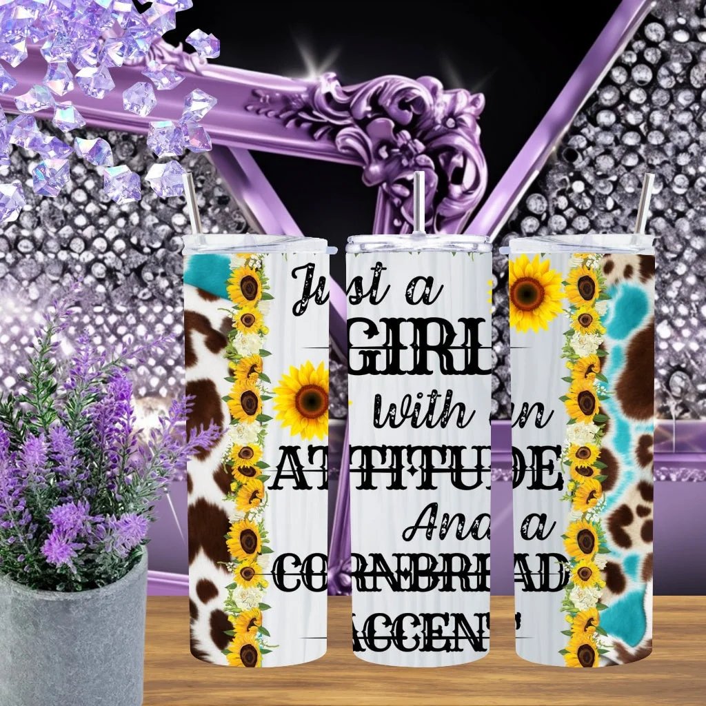 Cornbread Accent 20 Oz Tumbler Sassy Southern Girl Stainless Steel Drinkware Sunflower Teal Western Cowhide Gift by Marie Gems