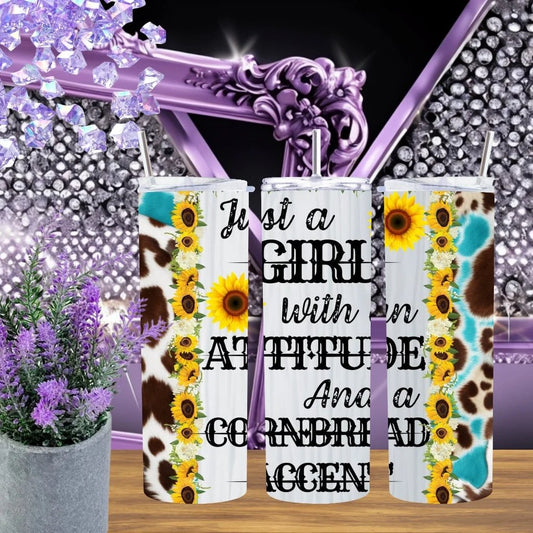 Cornbread Accent 20 Oz Tumbler Sassy Southern Girl Stainless Steel Drinkware Sunflower Teal Western Cowhide Gift by Marie Gems