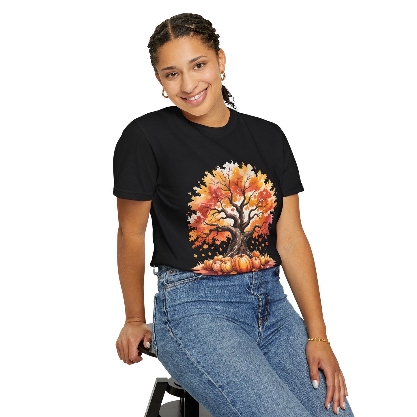 Cozy Fall Vibes Comfort Colors T-shirt - Autumn Tree with Pumpkins Graphic Tee