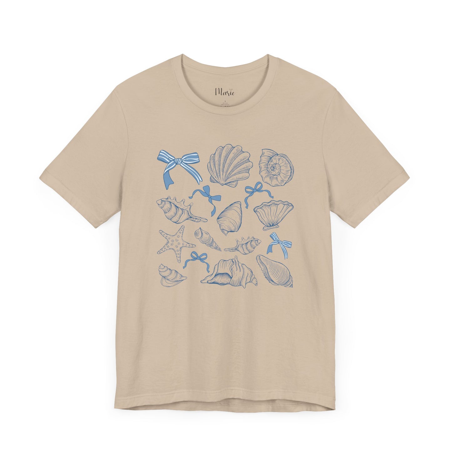 Elegant Seashells with Blue Bows T-Shirt - Coastal Style Graphic Tee for Women - Unique Nautical Fashion
