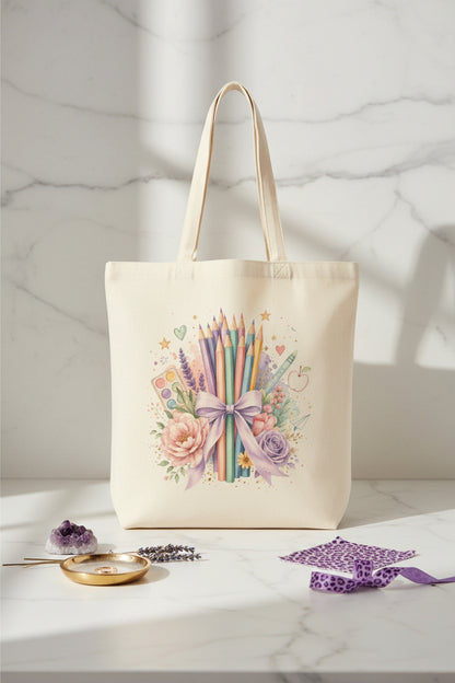Colored Pencil Teacher Tote Bag | School Supplies Canvas Bag