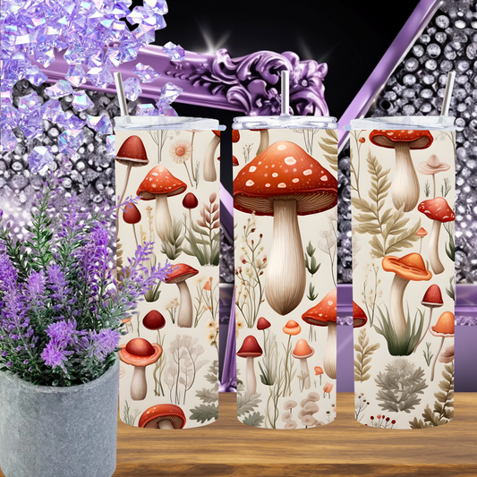 Mushroom Tumbler 20 oz – Cottagecore Skinny Cup with Vintage Fungi & Botanical Print, Nature Lover Gift, Forager Aesthetic Tumbler