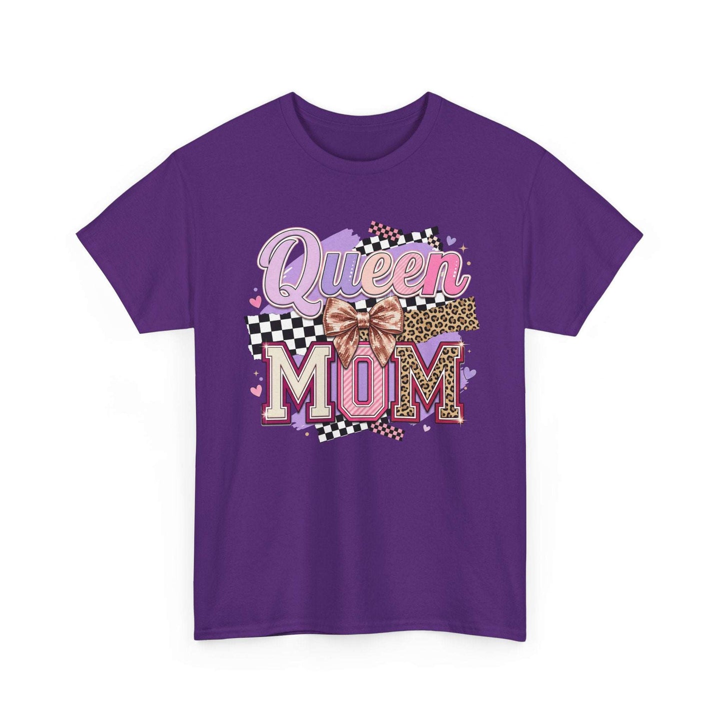 Purple t-shirt with 'Queen Mom' text and decorative elements on a white background