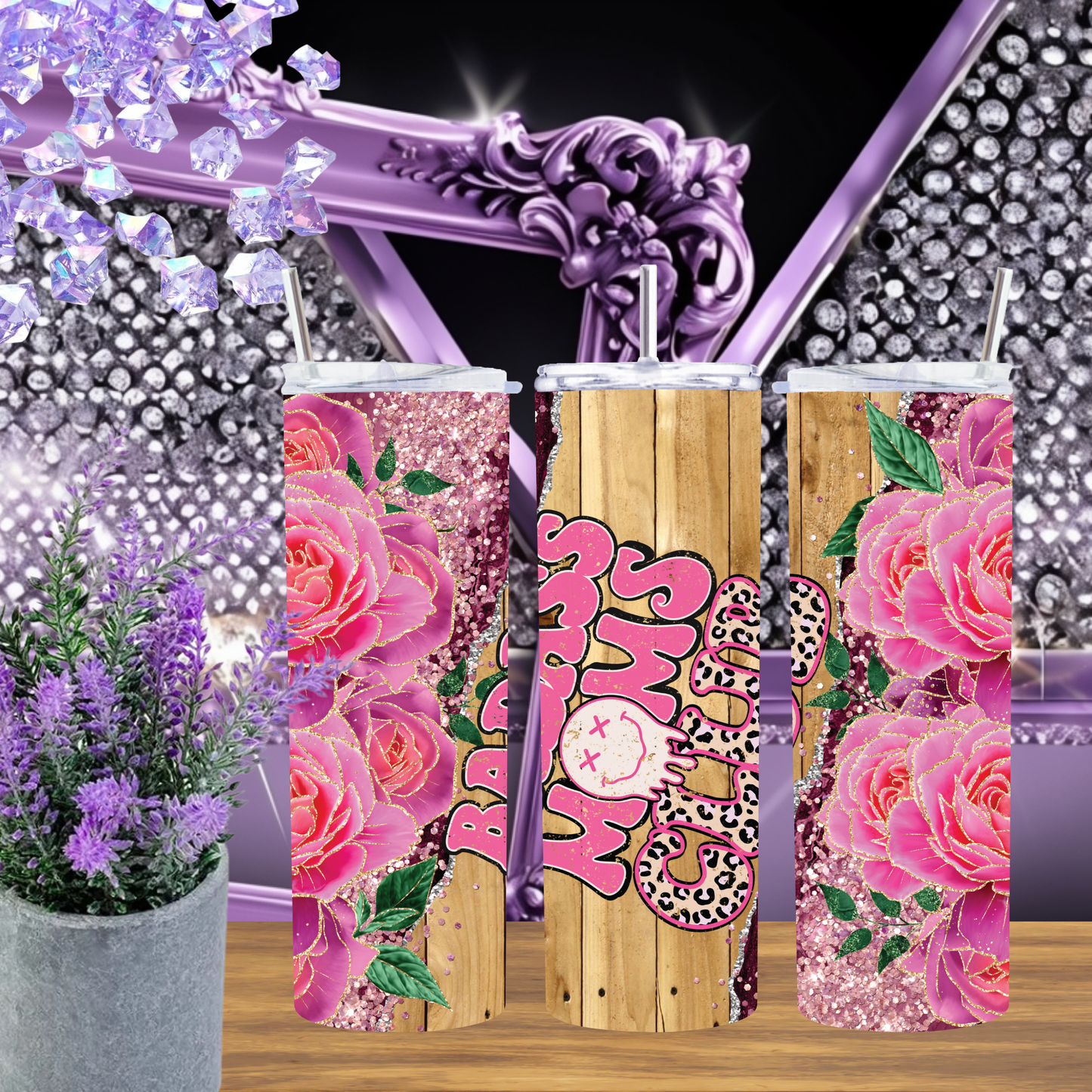 Badass Moms Club Tumbler 20 oz – Pink Glitter Leopard Floral Tumbler, Mom Life Skinny Cup Gift, Sassy Country Mom Coffee Cup