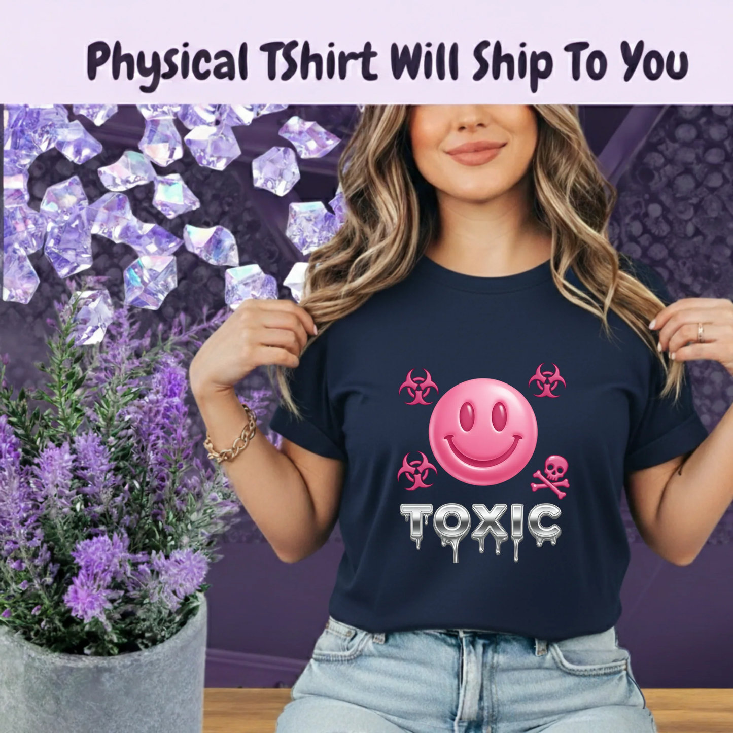 Toxic Smiley Face T Shirt Pink Y2K Cyberpunk Streetwear Tee Unisex Statement Fashion Top by Marie Gems
