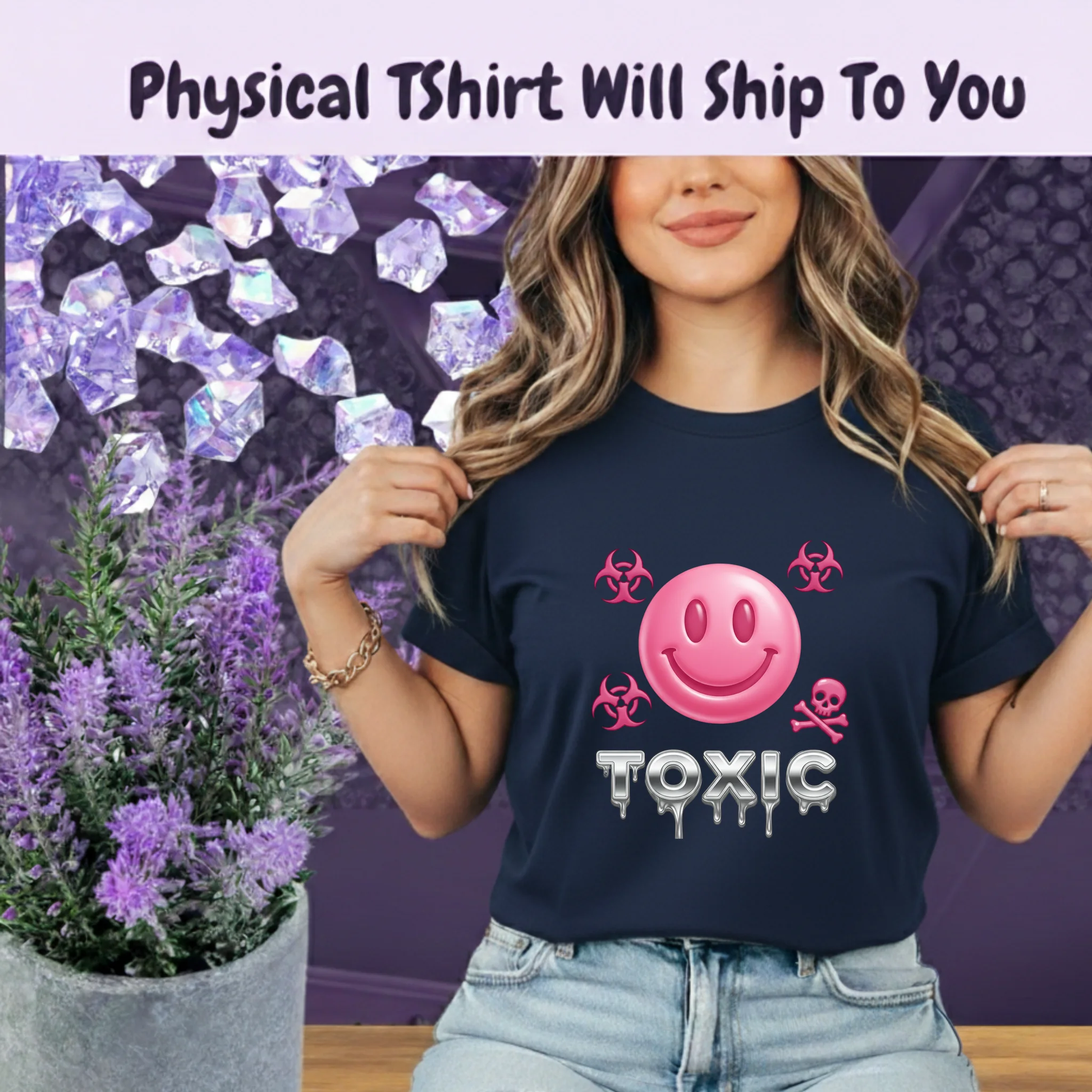 Toxic Smiley Face T Shirt Pink Y2K Cyberpunk Streetwear Tee Unisex Statement Fashion Top by Marie Gems