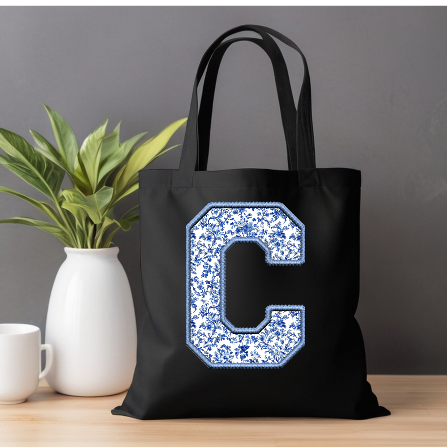 Personalized Chinoiserie Letter Tote Bag - Elegant Initial Design on Black Canvas (15x16)