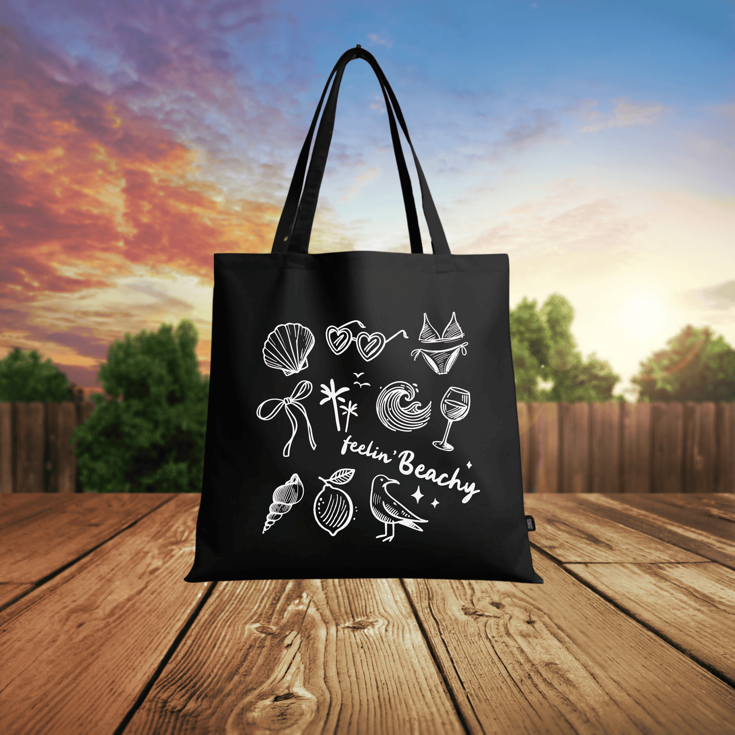 Black Canvas Tote Bag with "Feelin' Beachy" Design - Large 15x16 inch Reusable Shopping Bag