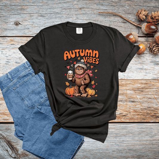 Autumn Vibes Bigfoot T-shirt - Cozy Cryptid and Pumpkin Spice Graphic Tee