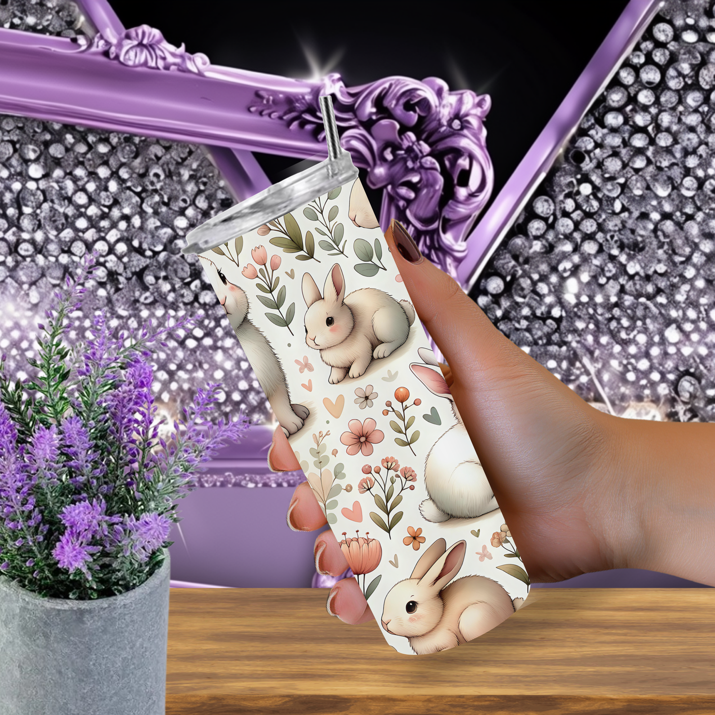Bunny Tumbler 20 oz – Cute Spring Rabbit Skinny Tumbler with Floral Carrot Design, Insulated Cup with Straw, Easter Gift for Her