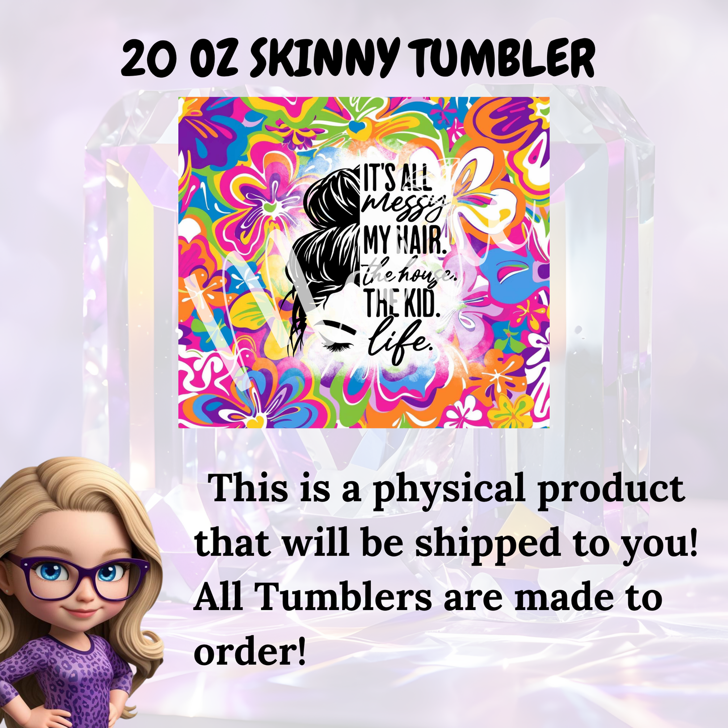 Vibrant Floral Messy Bun Tumbler – Insulated 20oz Skinny Cup for Coffee & Cold Drinks On-The-Go