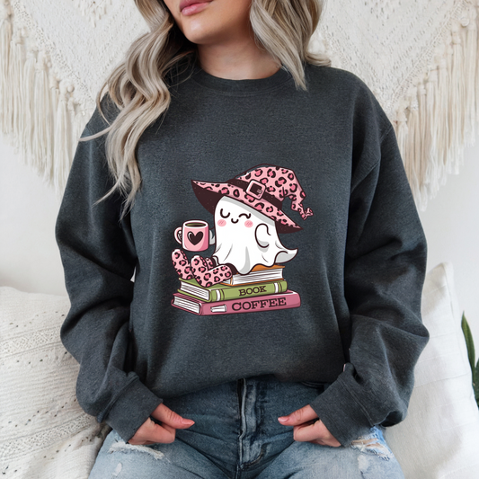 Spooky Ghost Reading Sweatshirt, Cute Halloween Coffee Jumper, Book Lover Halloween Sweater, Ghost with a Book Sweatshirt, Vintage Halloween